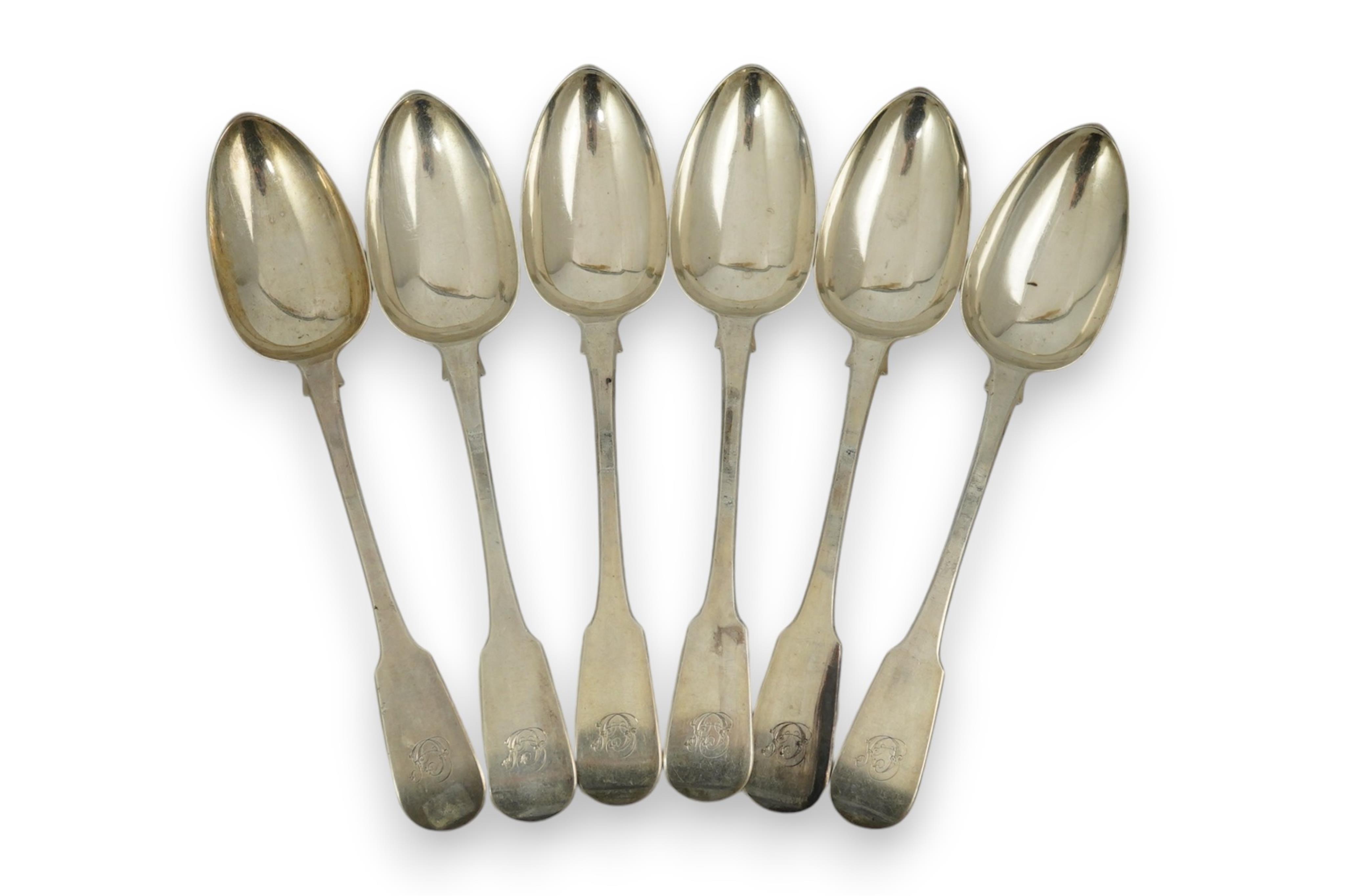 A set of six George IV Scottish silver fiddle pattern table spoons, Andrew Wilkie, Edinburgh, 1825, 13.2oz.